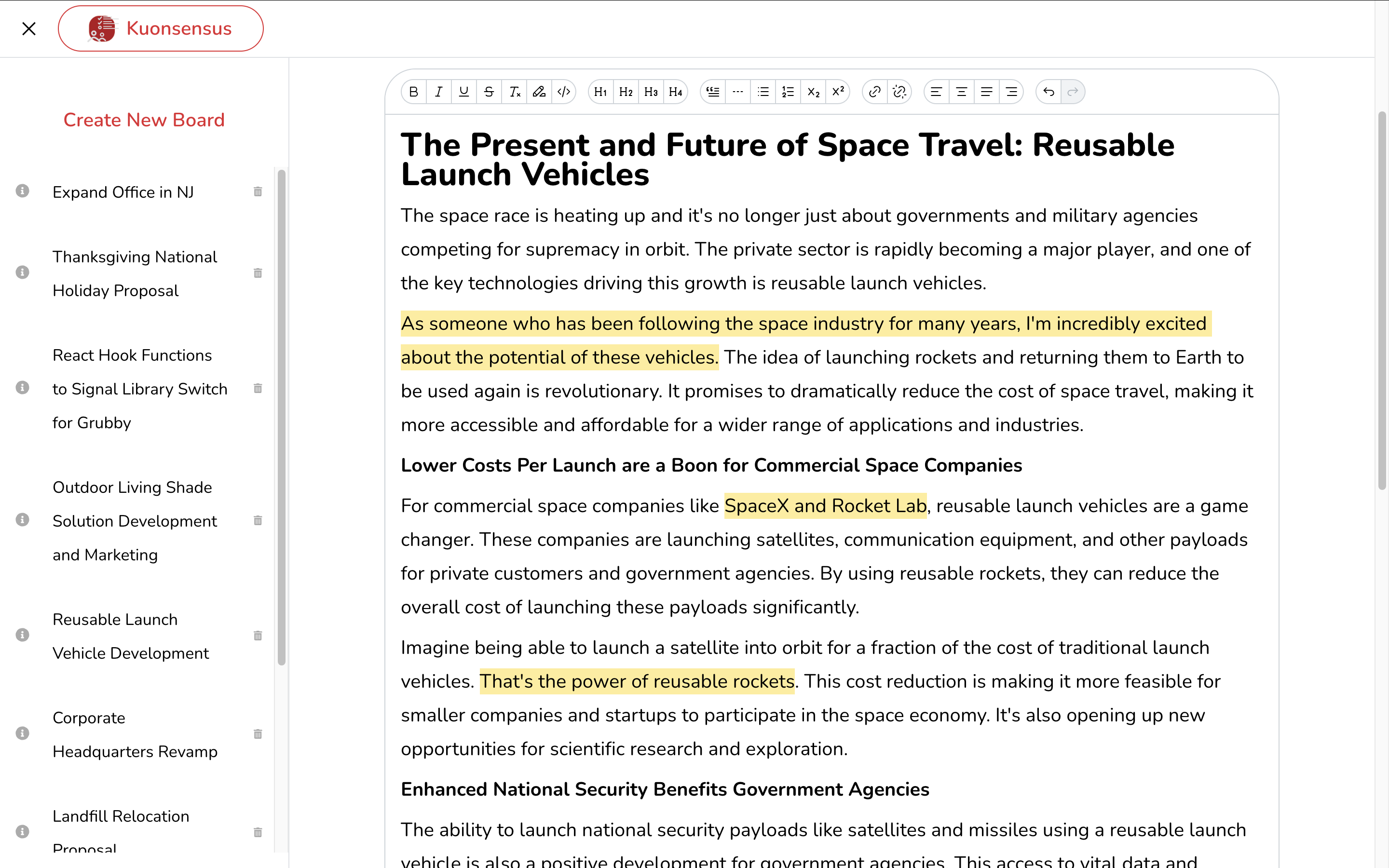 The rich text editor interface provides powerful formatting tools