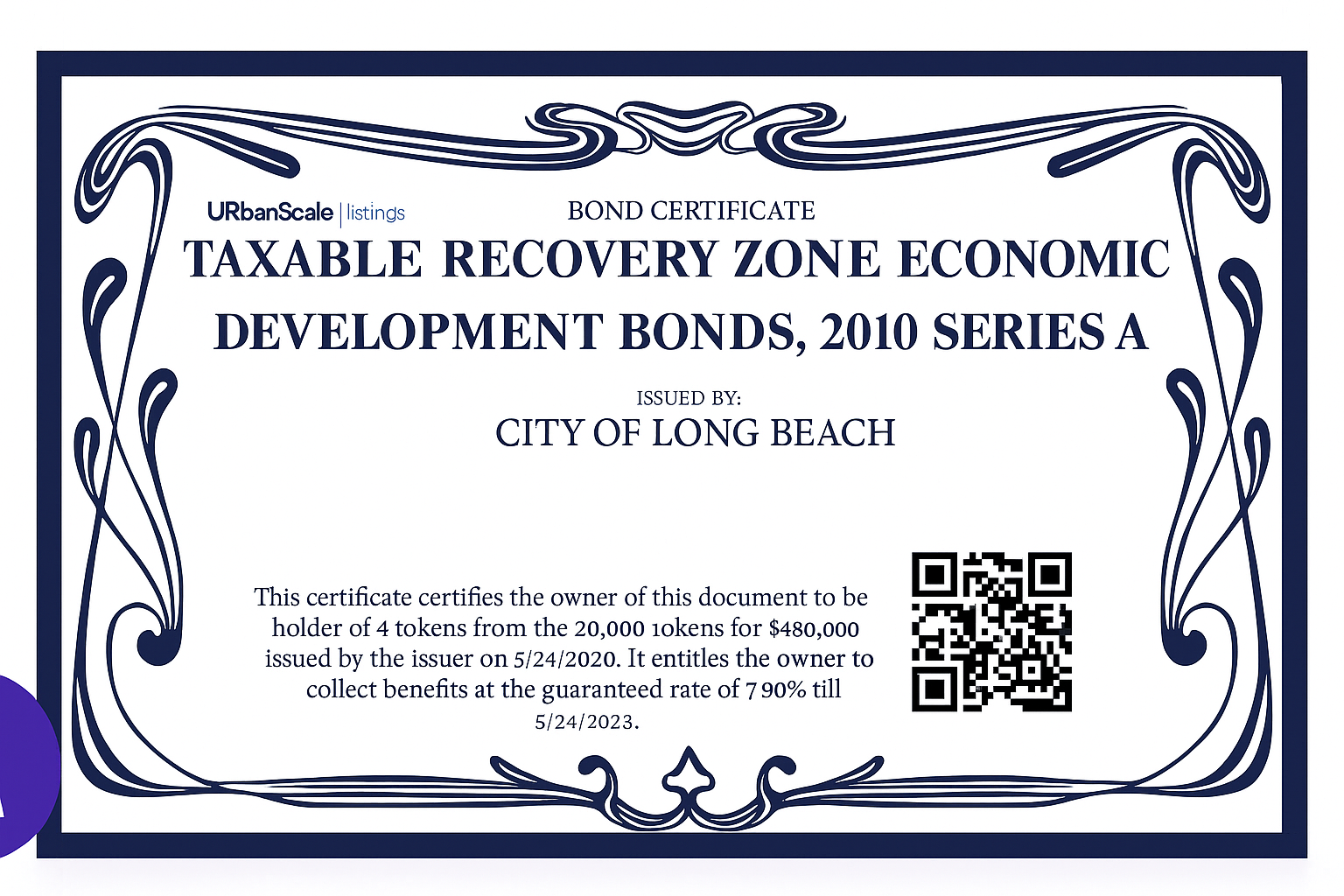A certificate of bond purchase with bond details, wallet ID, and QR code for verification.